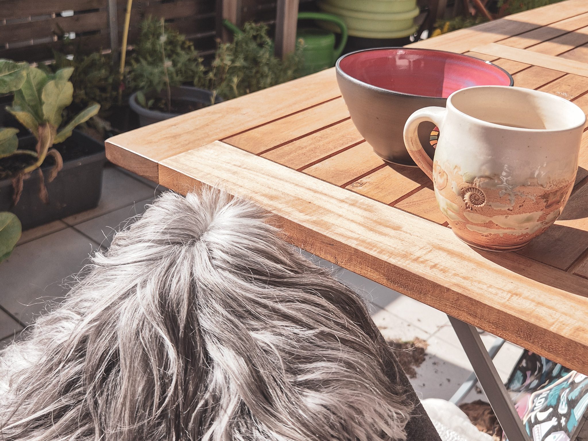 Tisch mit Kaffeetasse und Schüssel auf einem Balkon. Daneben ein Hundekopf.