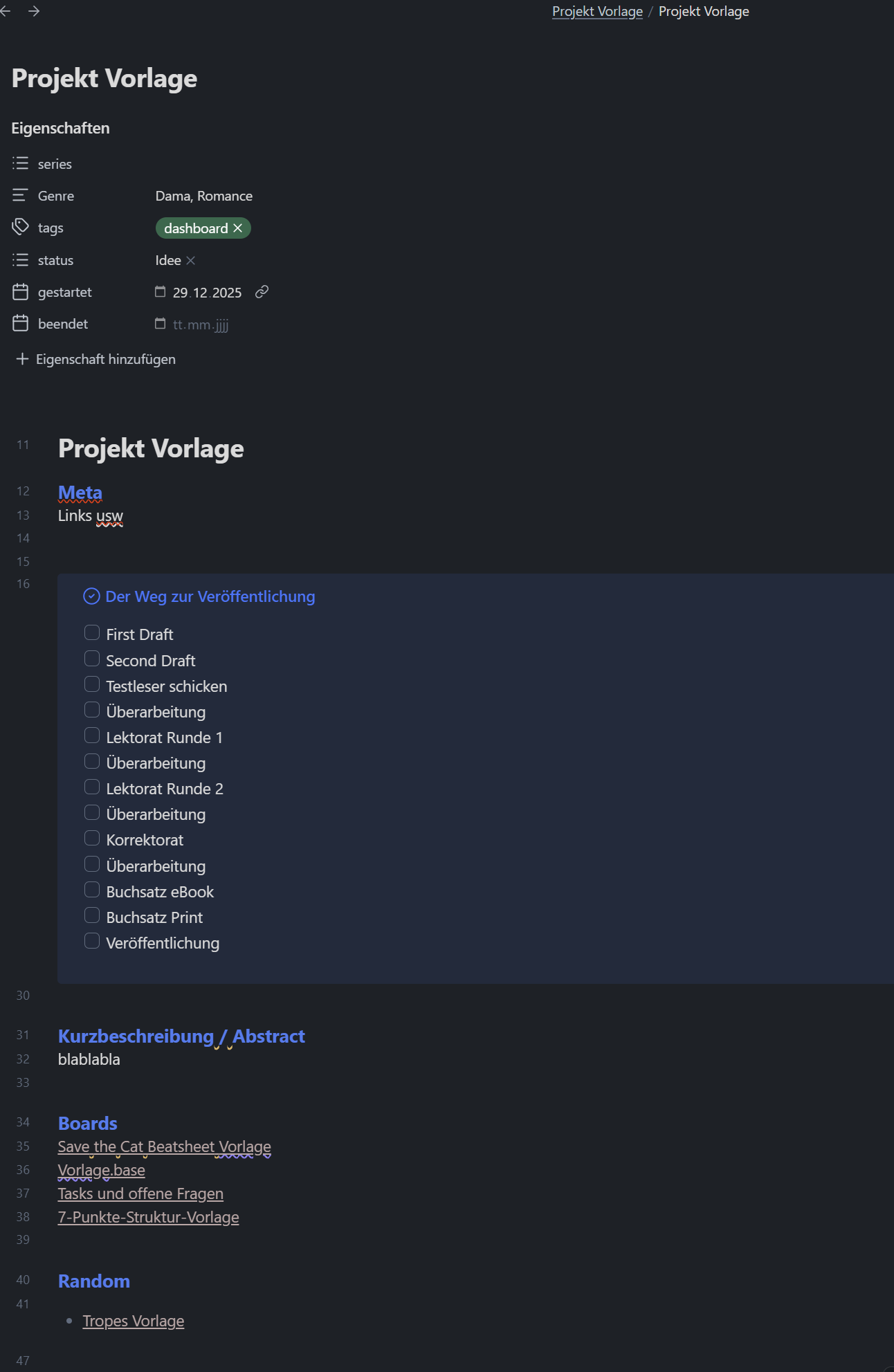 Obsidian Dashboard für Schreibprojekte mit Übersicht