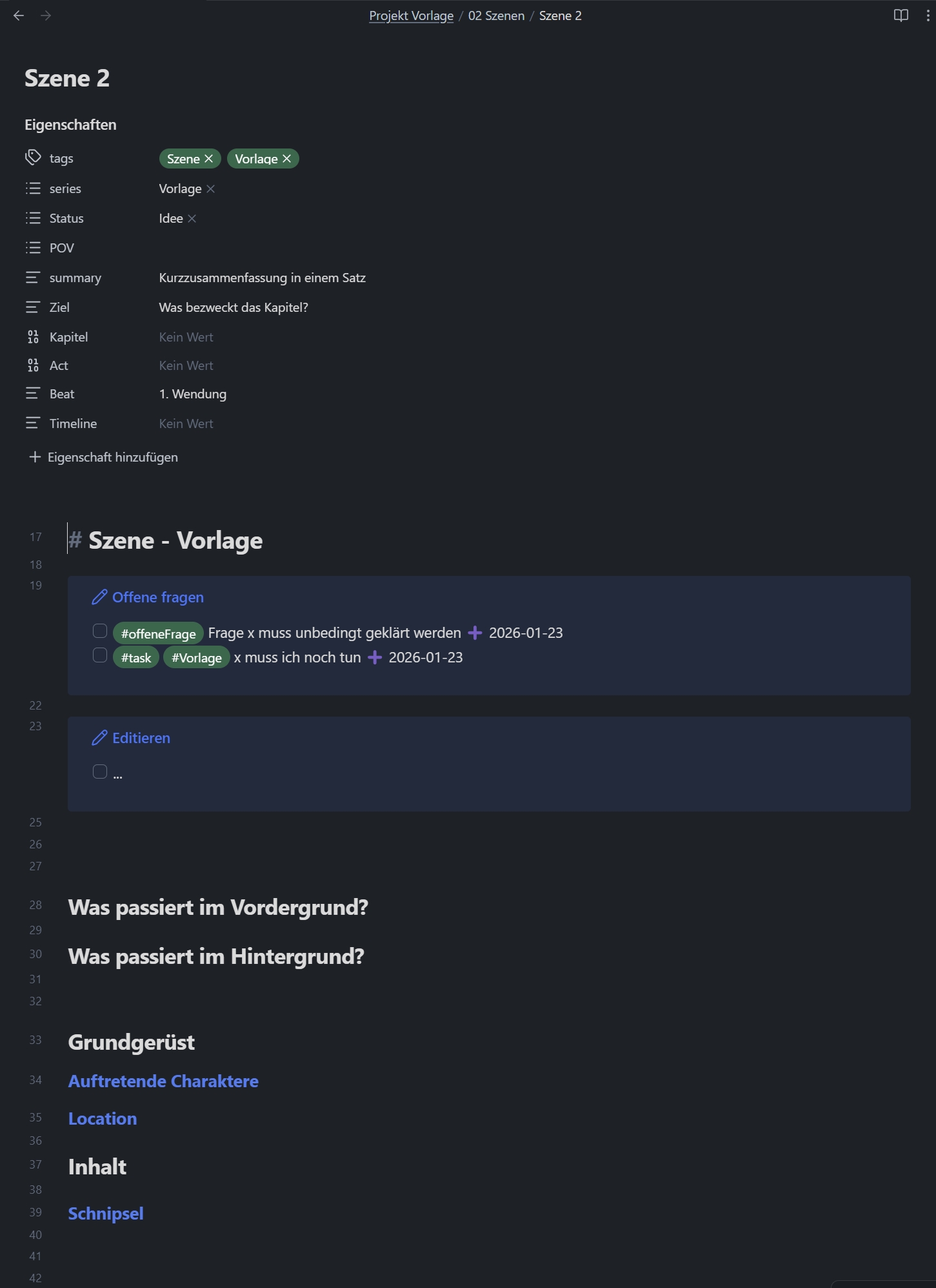 Obsidian-Vorlage für einzelne Szenen